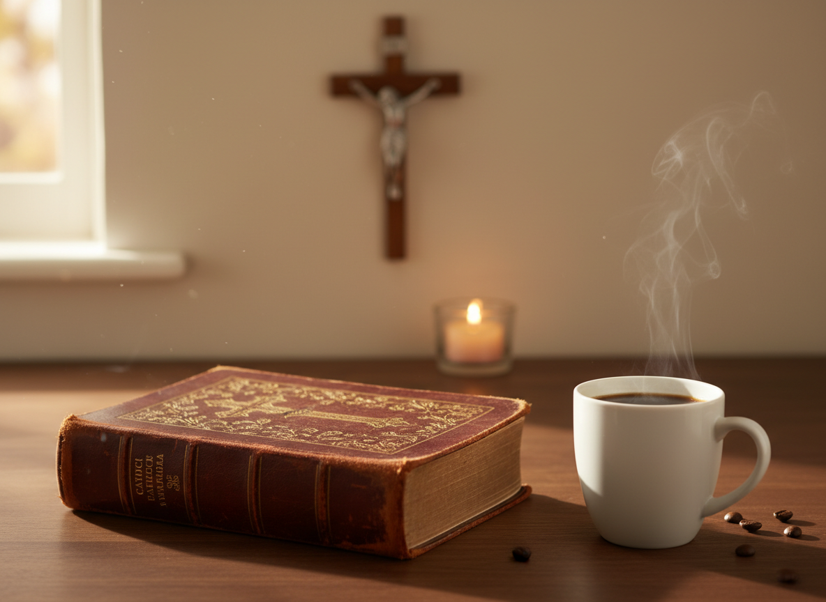 An open Bible and coffee beside a crucifix in warm morning light